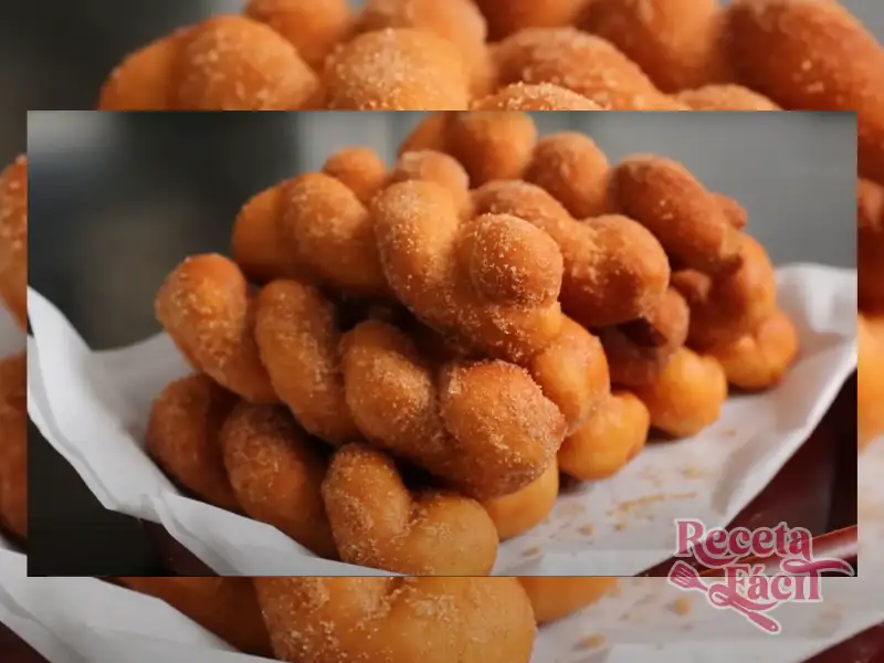 Rosquillas trenzadas coreanas Kkwabaegi, doradas y esponjosas, espolvoreadas con azúcar y canela